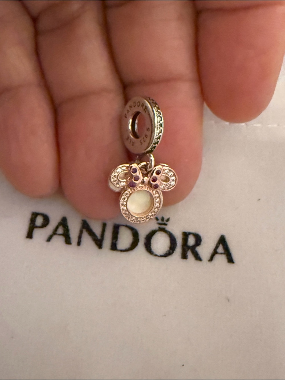 Disney Rose Gold Minnie Mouse Dangle Charm with White Center and Purple Accents